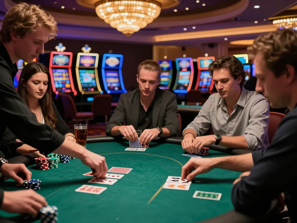 Players engaging in strategic poker at gamebaidoithuong8 casino, vibrant atmosphere with chips and cards.