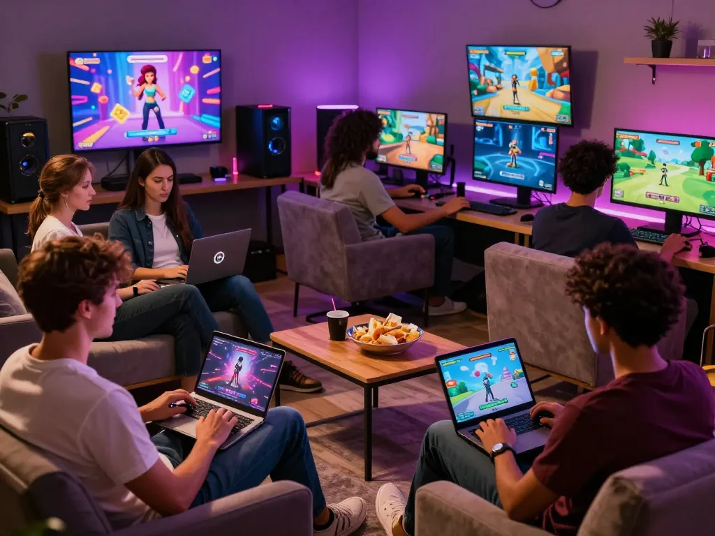 Players enjoying online porn games in a cozy lounge, showcasing the vibrant adult gaming experience.