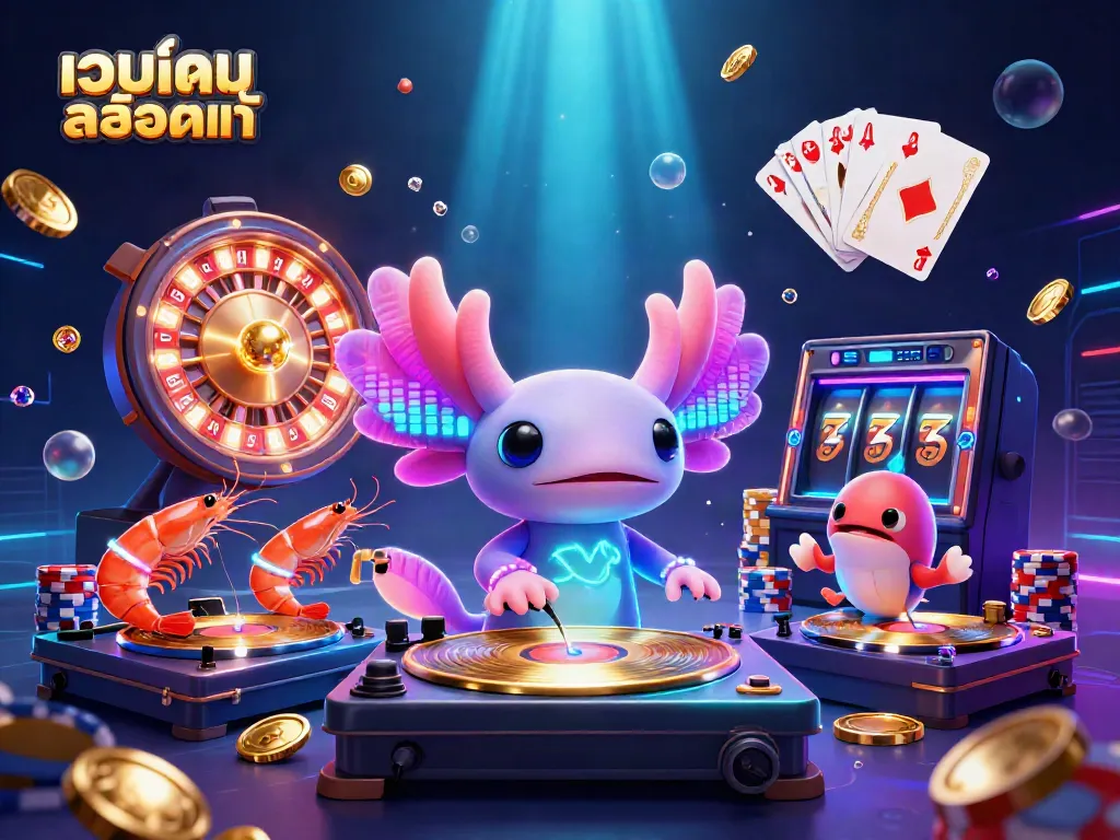 Experience the vibrant world of เว็บเกมสล็อตแท้ with dynamic characters and rich casino elements in a stunning 3D illustration.