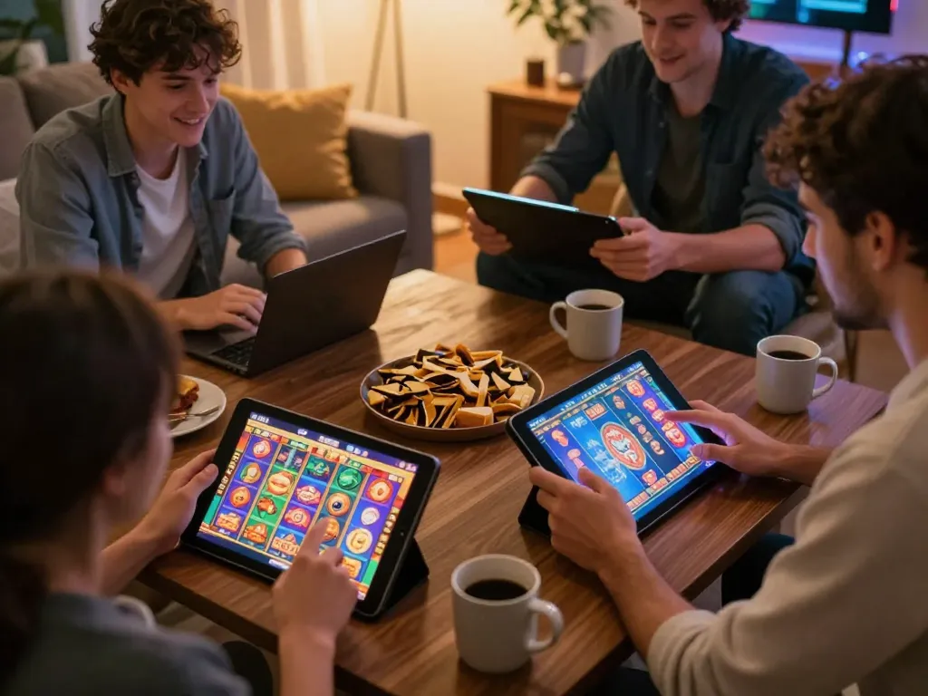 Engaged players enjoying slot pulsa games on tablets in a cozy living room setting