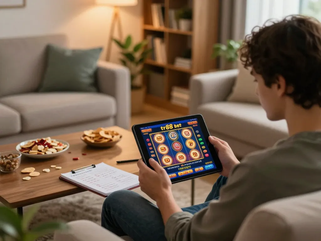 Engaging player using tr88 bet on a tablet, enjoying online gaming in a cozy home setting.