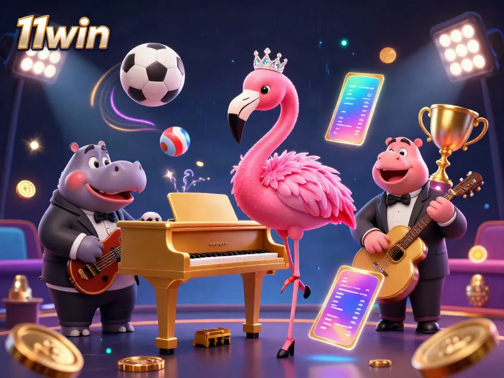 Experience excitement with 11win in a vibrant casino scene featuring lively characters and dynamic sports elements.