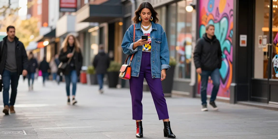 Confident woman showcasing trending women's fashion in urban street style with accessories.