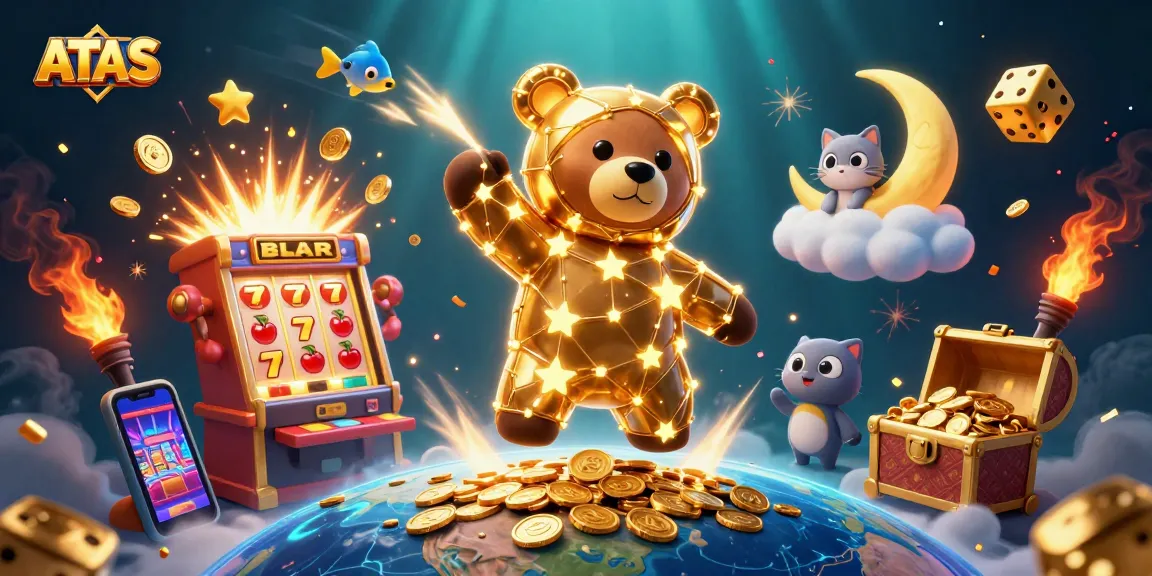 Experience thrilling gaming at ATAS with vibrant 3D casino characters and festive slot elements.