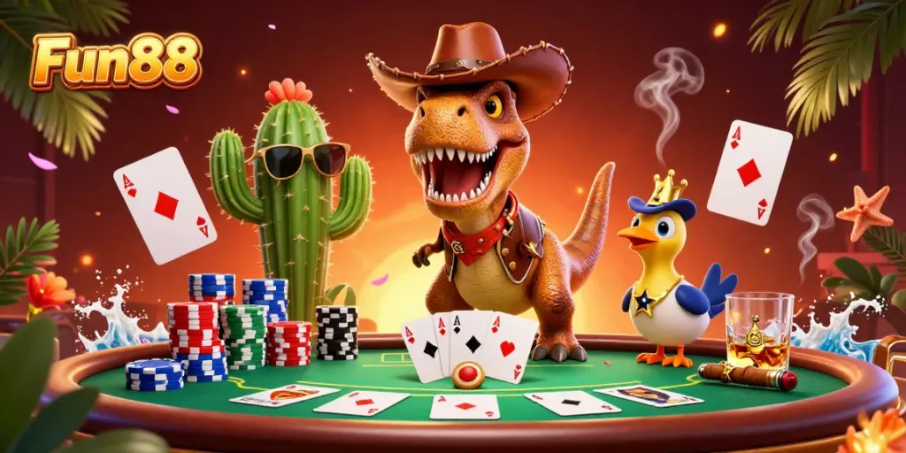 Engage with Fun88 and experience thrilling poker action in a vibrantly illustrated casino scene.