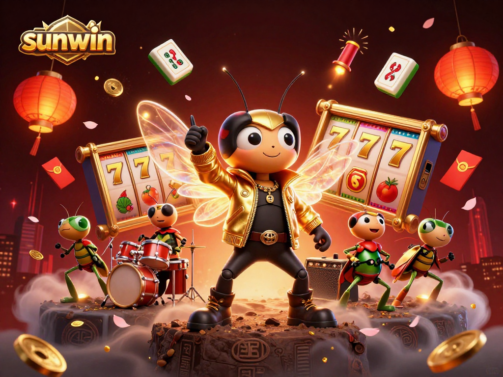 Engage in thrilling gameplay at sunwin with vibrant slot reels and dynamic casino characters.