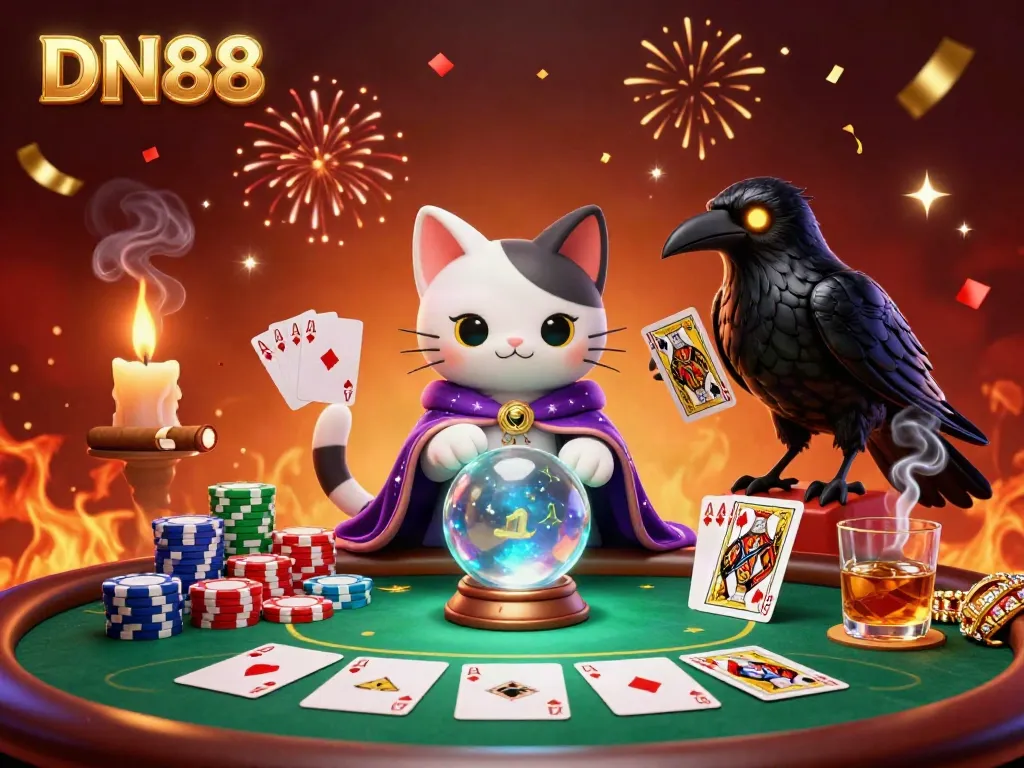 Experience the thrill of DN88 with a vibrant scene including a mystical fortune teller cat and a tarot-dealing raven surrounded by poker elements.