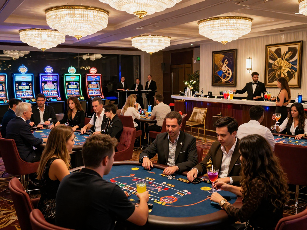 Atmosfera vivace di un casinò non AAMS con giocatori e tavoli da gioco.