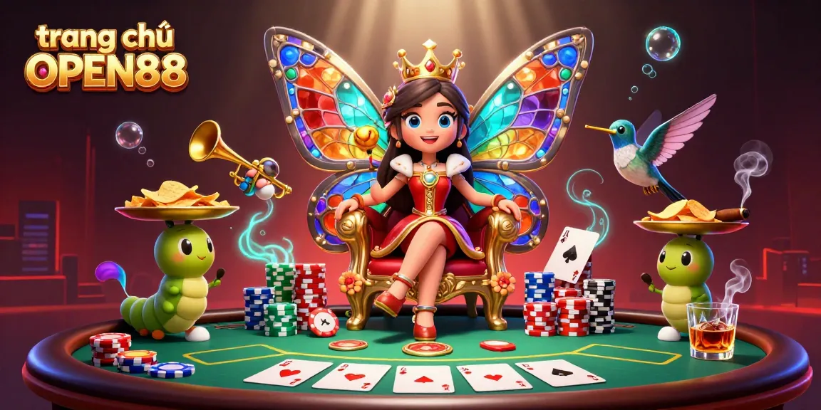 Experience the vibrant scene of trang chủ OPEN88 with a butterfly queen presiding over a poker extravaganza.