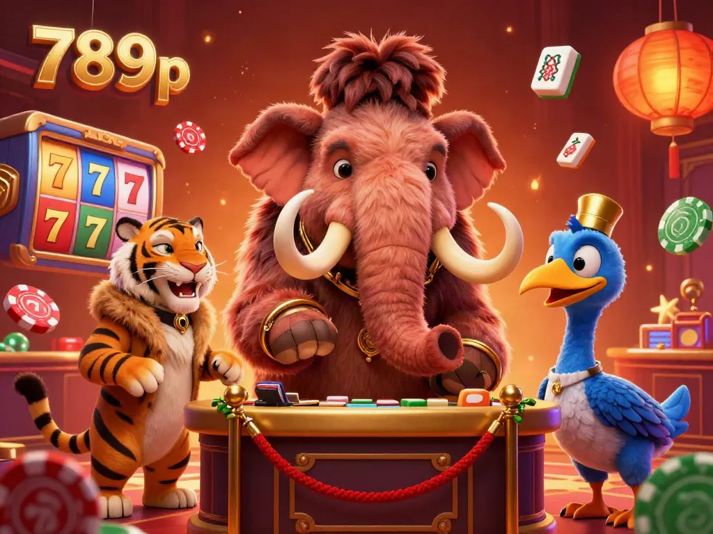 Experience the vibrant energy of a 789p casino scene with a mammoth bouncer, saber-tooth VIP, and dodo doorman.