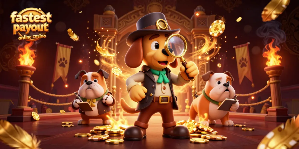 Detective bloodhound investigating a golden poker chip at the fastest payout online casino.