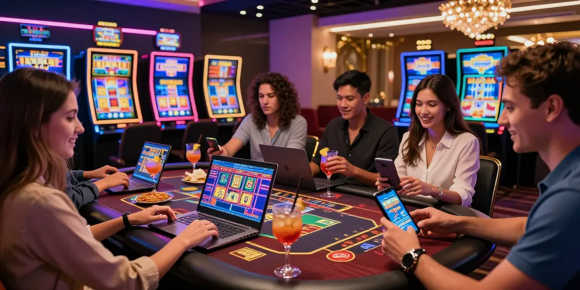 Exciting scene of friends enjoying games at credit card casinos UK with vibrant lighting and engaging gameplay.