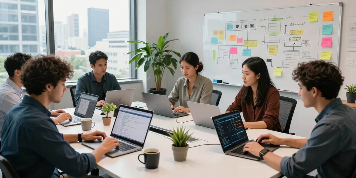 Developers collaborating on real-time market quote API project in modern workspace