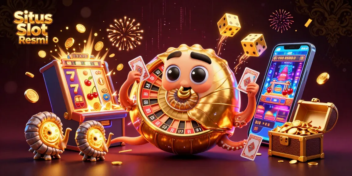 Menangkan jackpot di Situs Slot Resmi dengan simbol bercahaya dan karakter menarik di latar belakang.