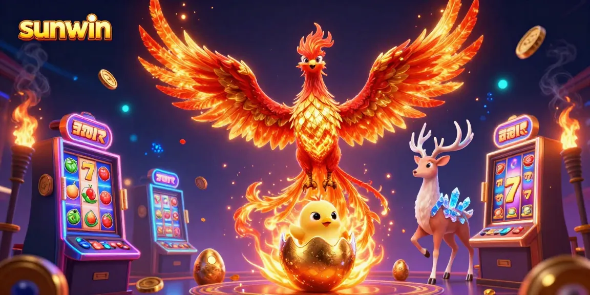 Experience the excitement of sunwin with a vibrant casino scene featuring a phoenix and gaming elements.