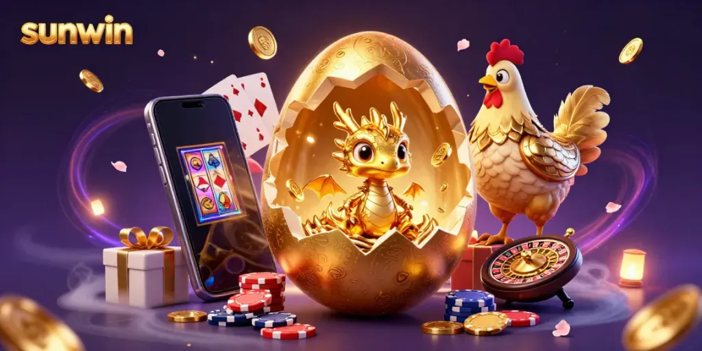 Engage with sunwin's thrilling golden games featuring a baby dragon and poker chips in a vibrant casino scene.