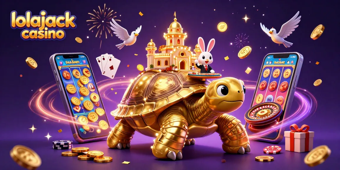 Experience the thrill at lolajack casino with a lively 3D scene of a tortoise casino and vibrant gaming elements.