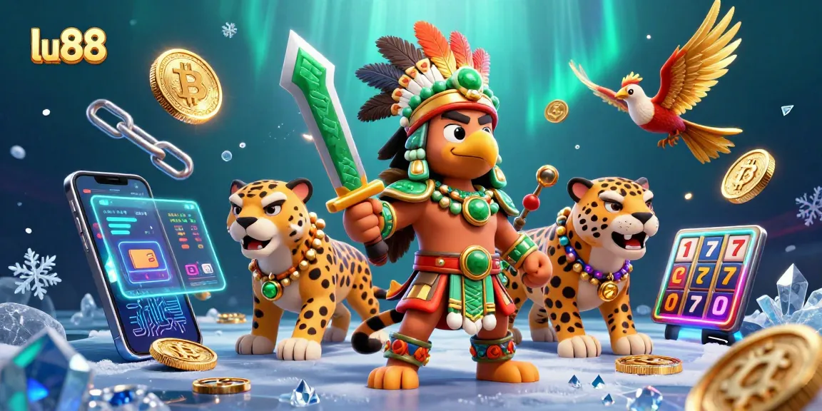 Join the excitement at lu88 with vibrant characters, slots, and crypto elements in this lively 3D casino scene.