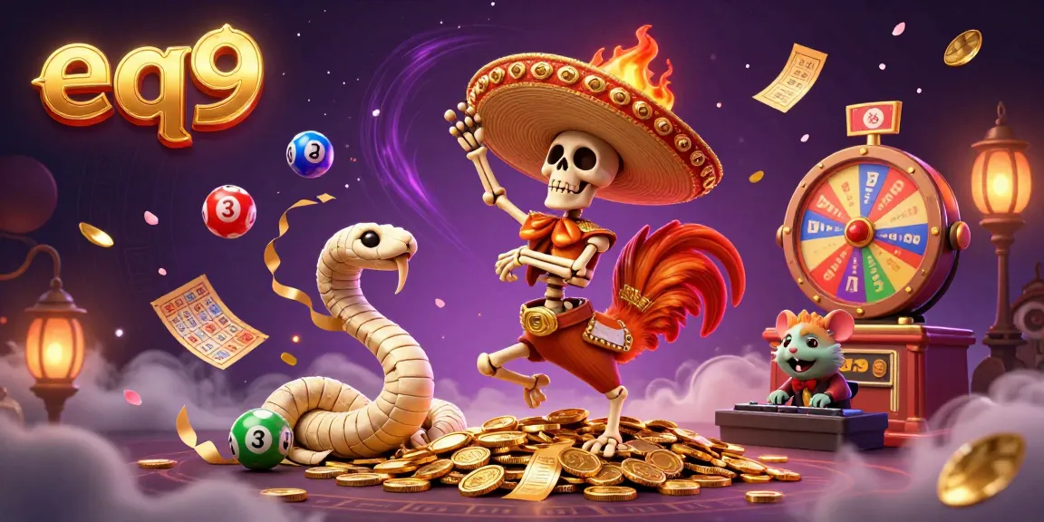 Celebrate wins at eq9 with a dynamic casino scene featuring vibrant games, golden coins, and lively characters.