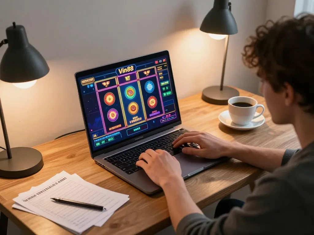 Player engaging with Vin88 slot machines on a laptop in a cozy setup.