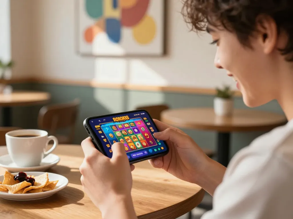 Menikmati permainan mobile ROKOK88 di smartphone di sebuah kafe, menampilkan grafik yang cerah dan kesenangan santai.