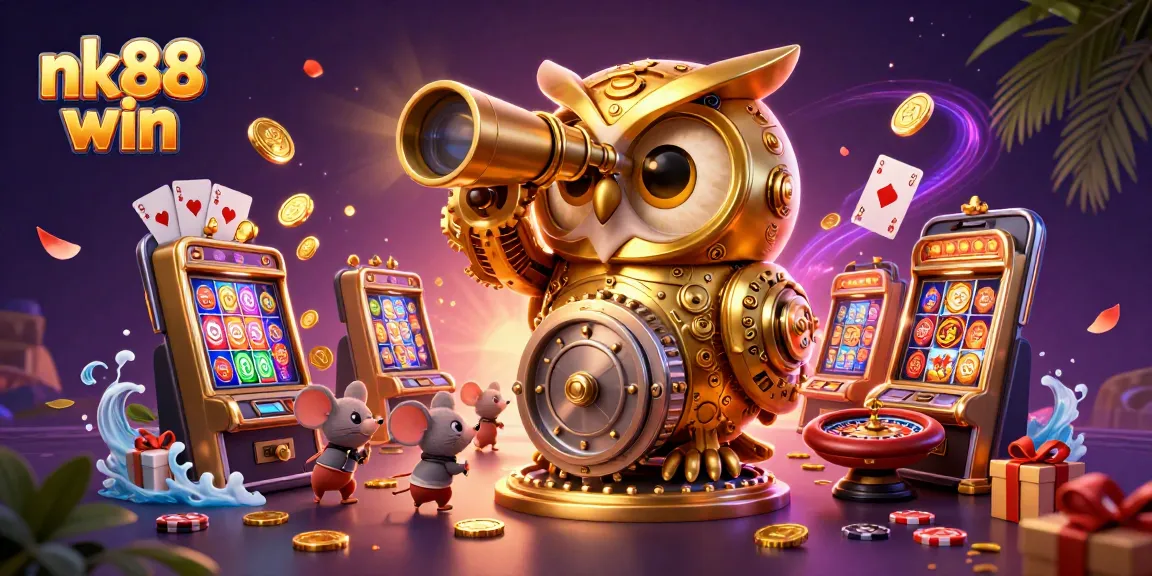 Experience nk88 win with vibrant casino elements and cartoon characters in a lively digital scene.