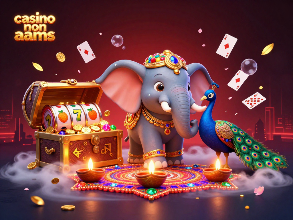 Gioca nei migliori casino non AAMS con un elefante festoso e simboli di gioco colorati.