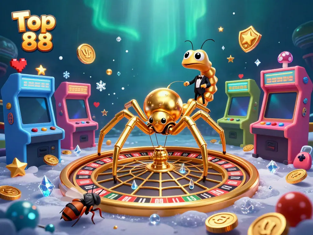 Spin the Top 88 roulette wheel with our golden spider croupier in a vibrant casino scene.