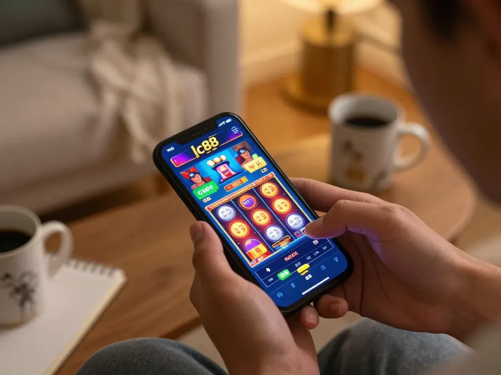 Engaging with app lc88 on a smartphone, enjoying colorful slot games in a cozy home setting.