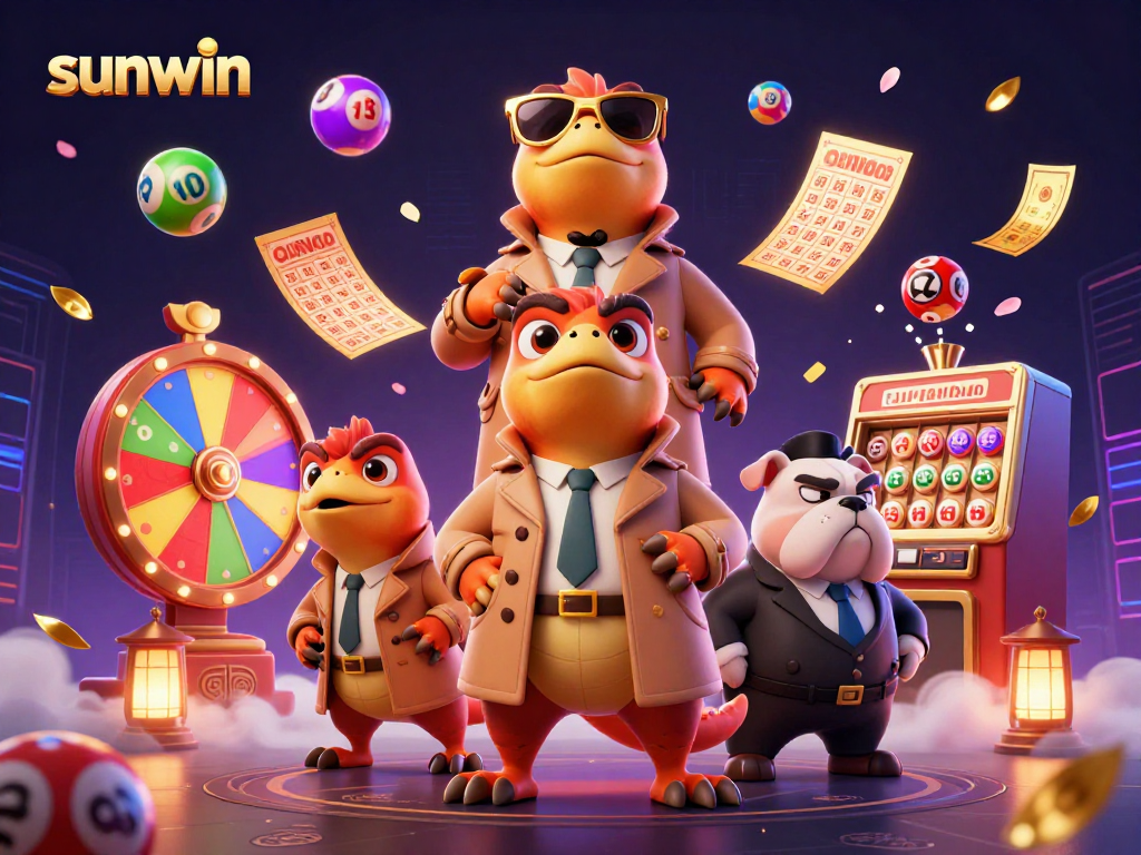 Sunwin raptors attempt to enter a VIP casino lounge, surrounded by vibrant lottery elements.