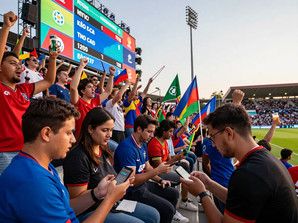 Kèo nhà cái scene with fans cheering at a football match, excited discussions, and live betting odds displayed.
