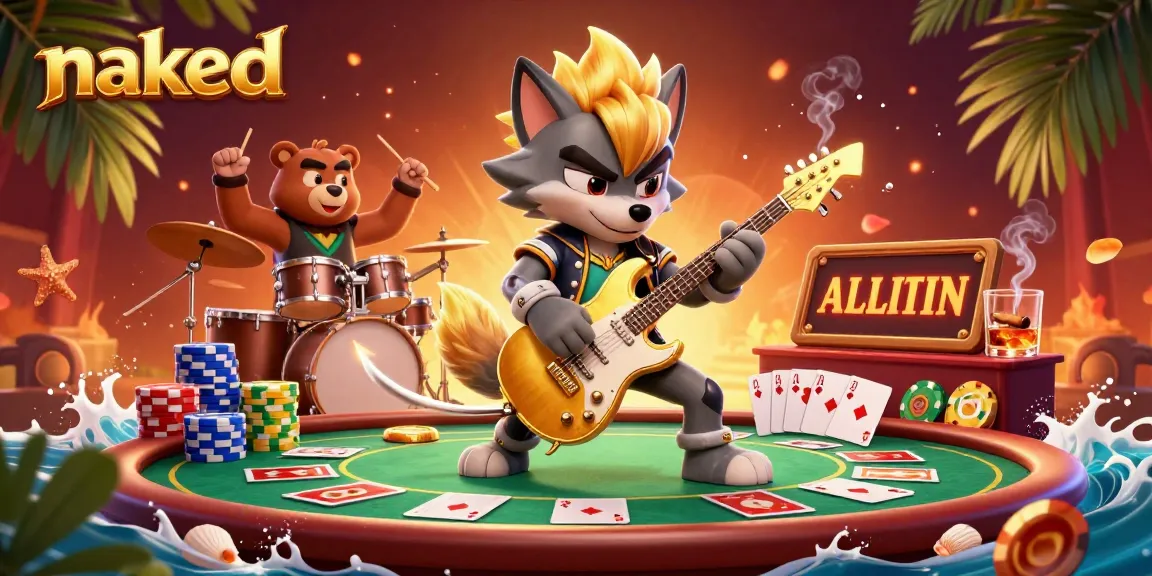 Naked rock star wolf shreds guitar on a vibrant casino stage amidst poker and gaming excitement.
