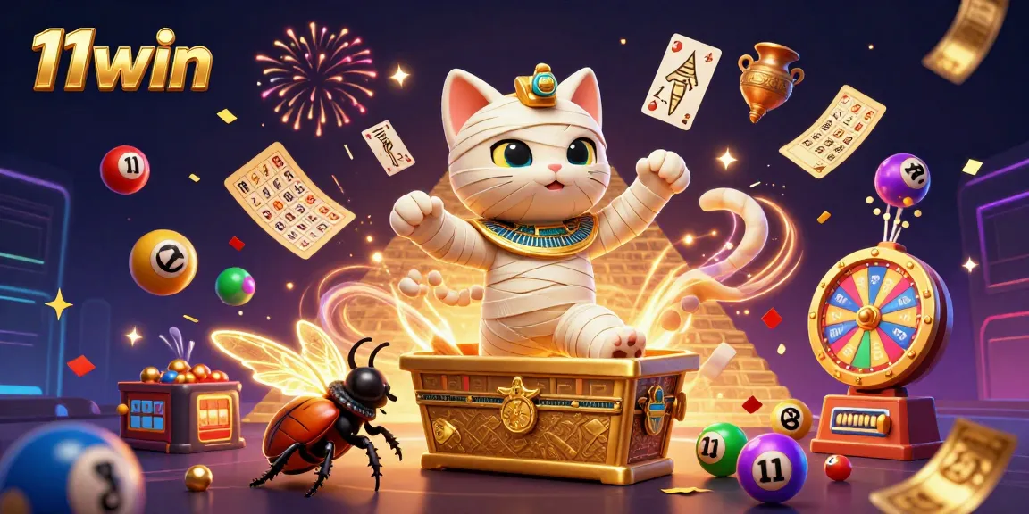 Experience the thrill of 11win with a vivid 3D scene of a mummy cat and vibrant casino elements.