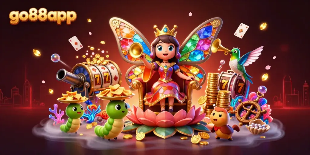 Engage with the go88app in this vibrant casino scene featuring a butterfly queen surrounded by gambling elements.