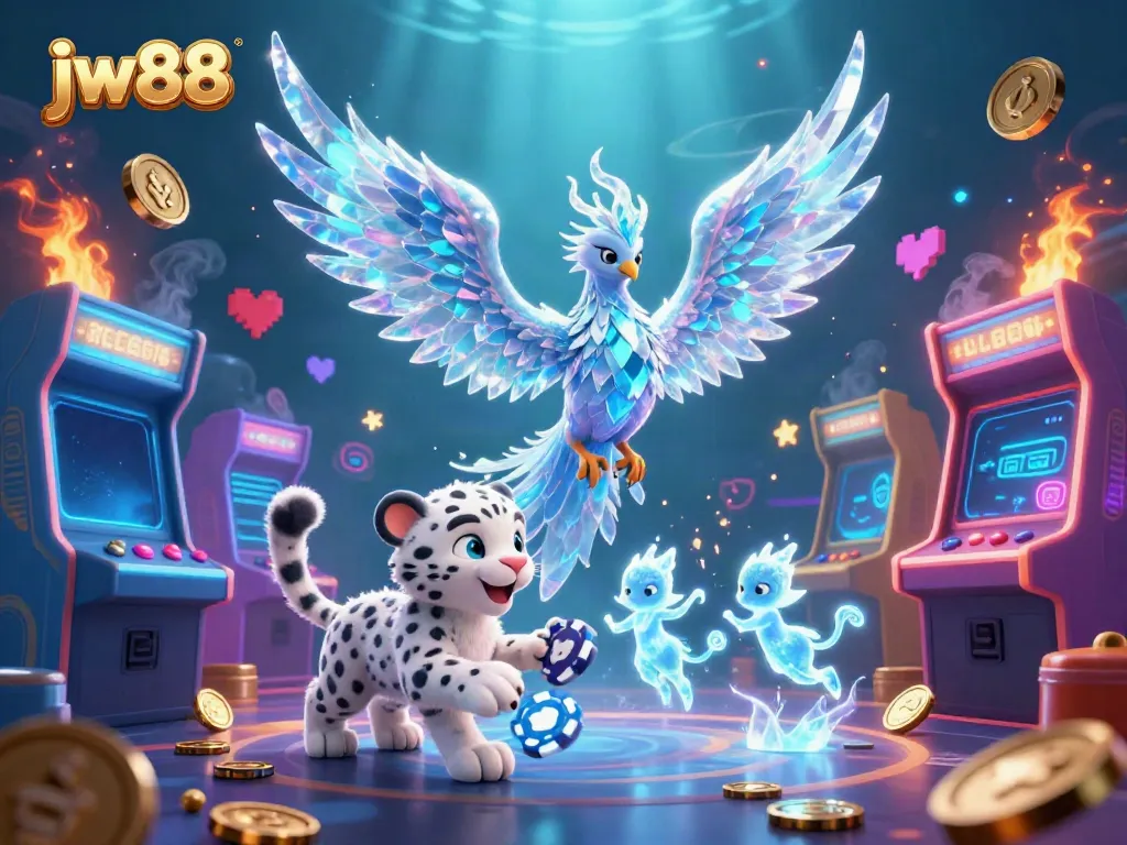 Experience the thrill of jw88 casino gaming with an ice phoenix and a playful snow leopard amidst vibrant game machines.