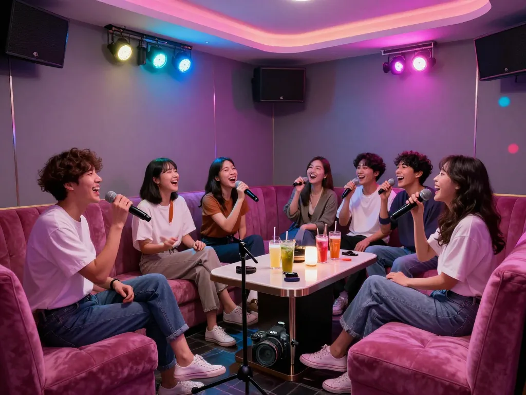부평쓰리노 노래방에서 즐거운 밤 외출을 즐기는 그룹, 재미, 프라이버시 및 사교 분위기를 강조합니다.