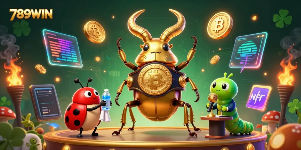 Engage in excitement with 789WIN featuring a golden stag beetle champion in a vibrant casino scene.