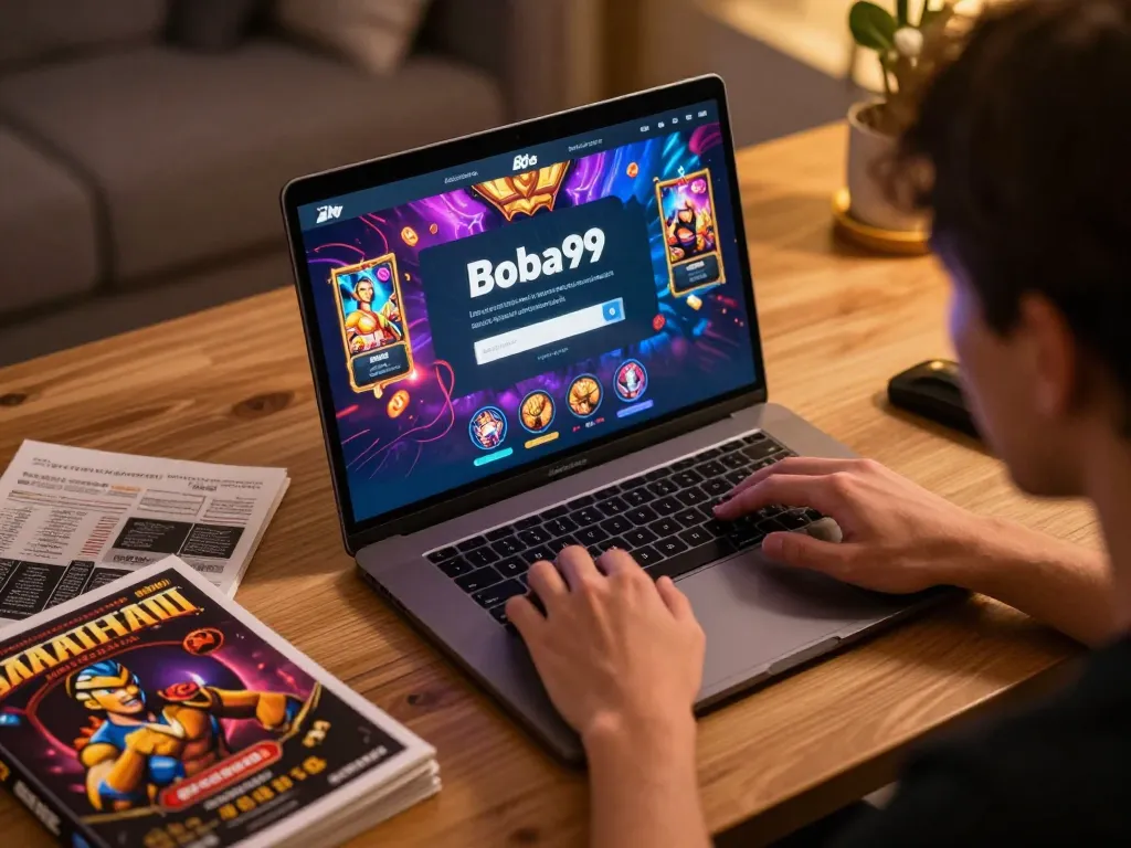 Antarmuka Login Boba99 ditampilkan di laptop, menunjukkan pengalaman bermain game online yang menarik.