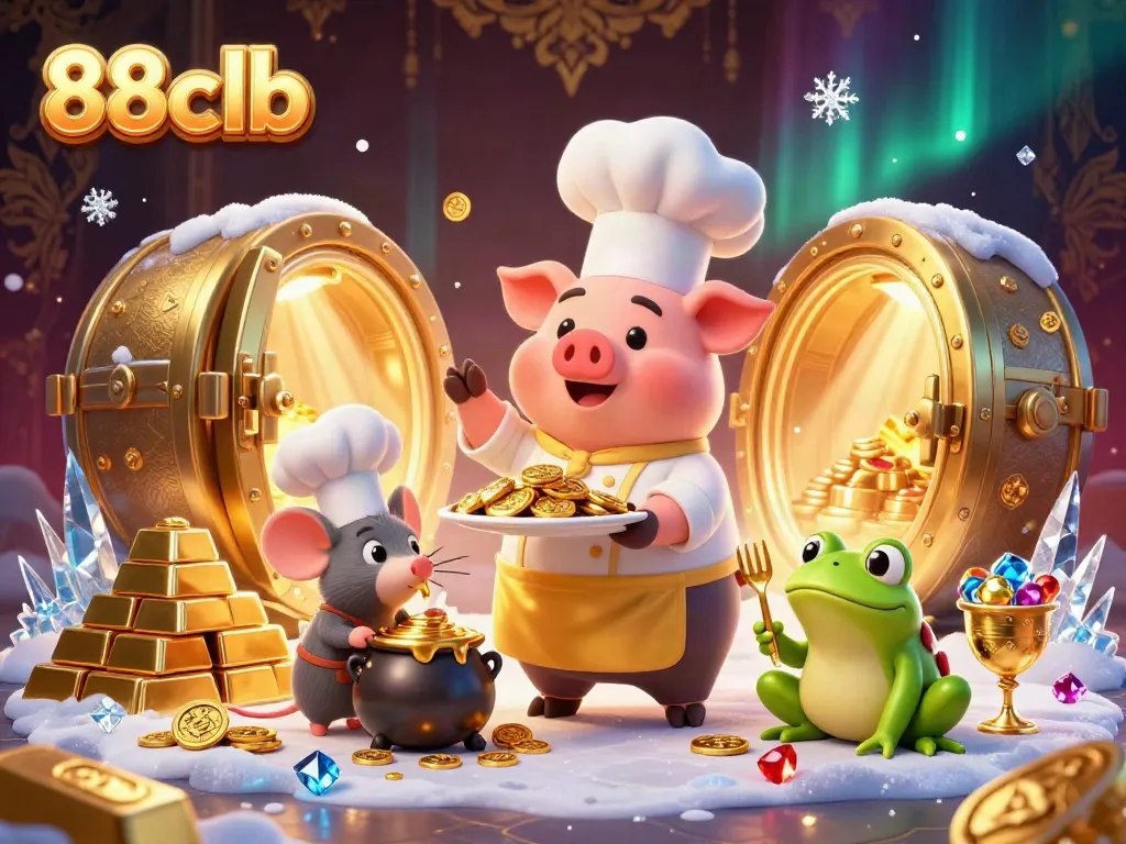 Experience the thrill of 88clb with a cartoon chef pig serving gold coins while immersed in a vibrant online casino world.