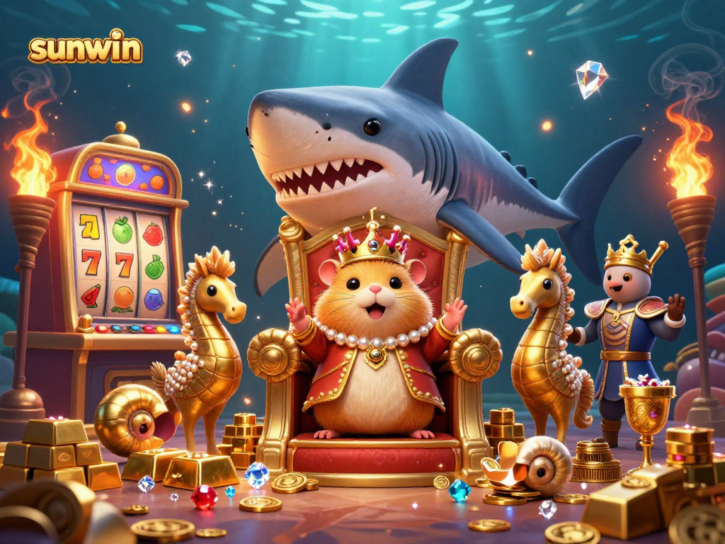 Spin and win with sunwin's vibrant casino illustration featuring golden treasures and a hamster king.