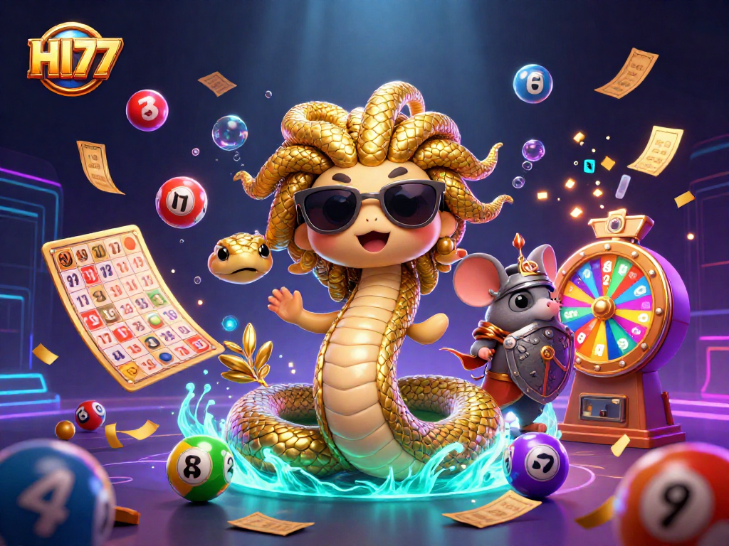Engage in thrilling games at HI77 where colorful lottery balls and prizes abound in a vibrant casino atmosphere.