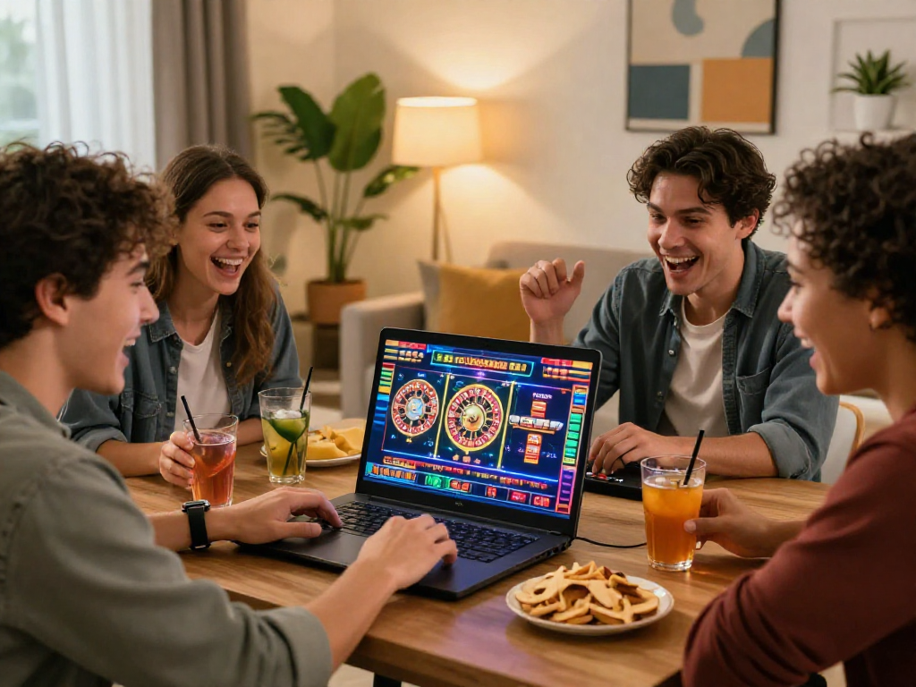 gruppo di amici che gioca a casino non AAMS online nel salotto, atmosfera vivace e accogliente