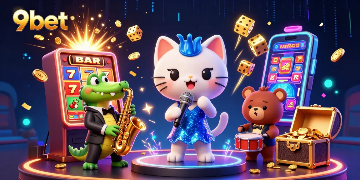 Experience the vibrant 9bet casino world with a lively jazz scene featuring cartoon characters.