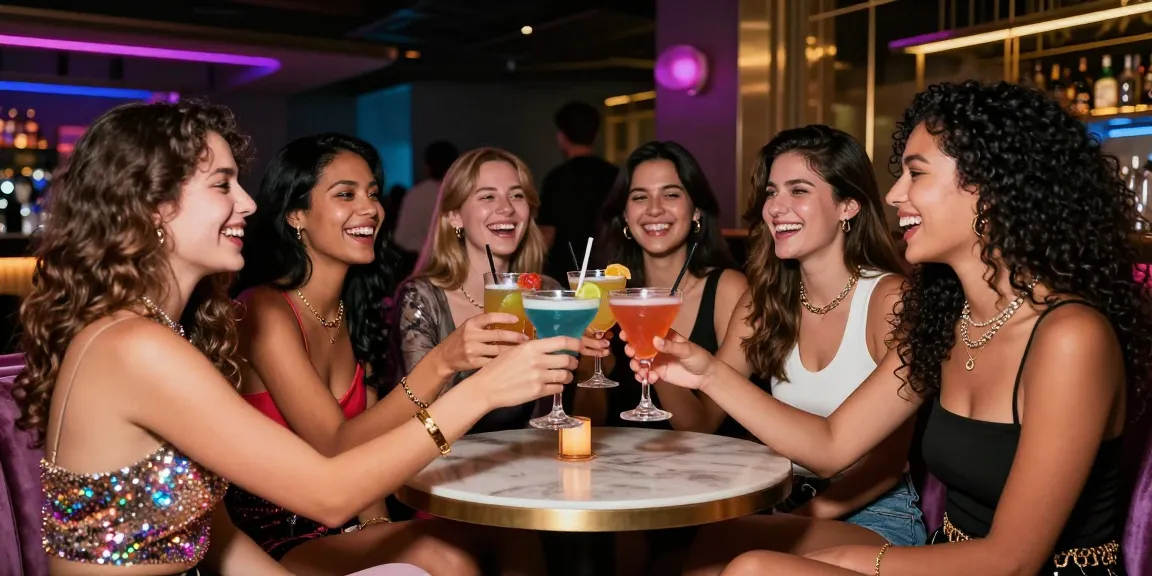 Nhóm gái gọi tận hưởng buổi tối vui vẻ với đồ uống sáng màu trong không gian bar sang trọng.