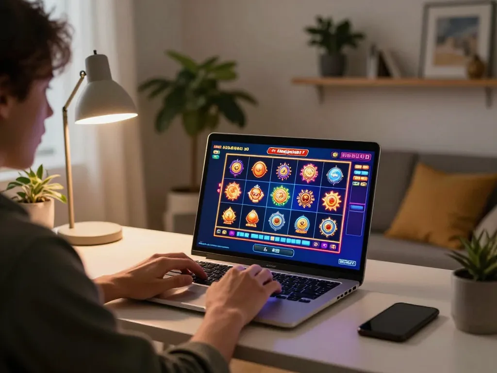 Nohu90 online casino gaming setup with a person engaging in a slot game on a laptop in a stylish home.