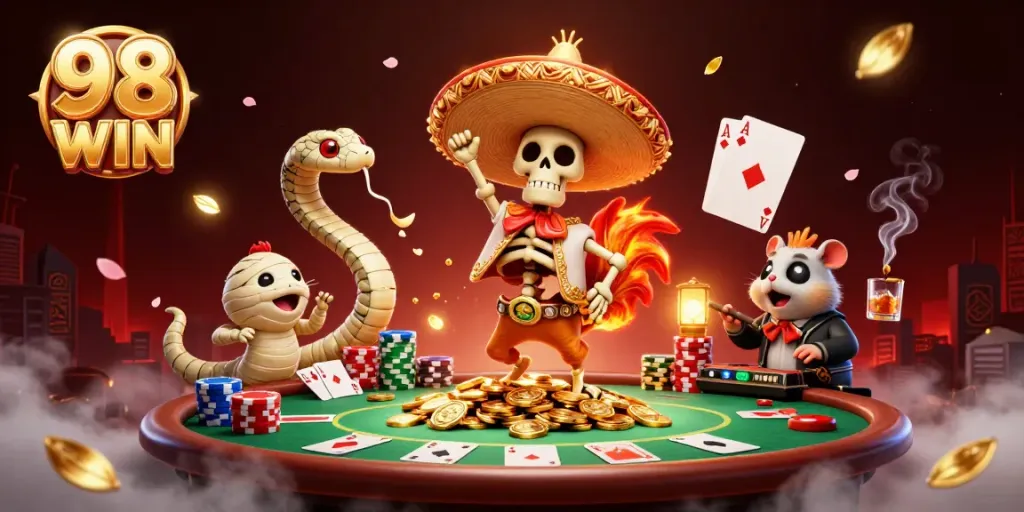 Experience vibrant casino action with the 98 WIN mariachi rooster amid poker chips and golden coins.