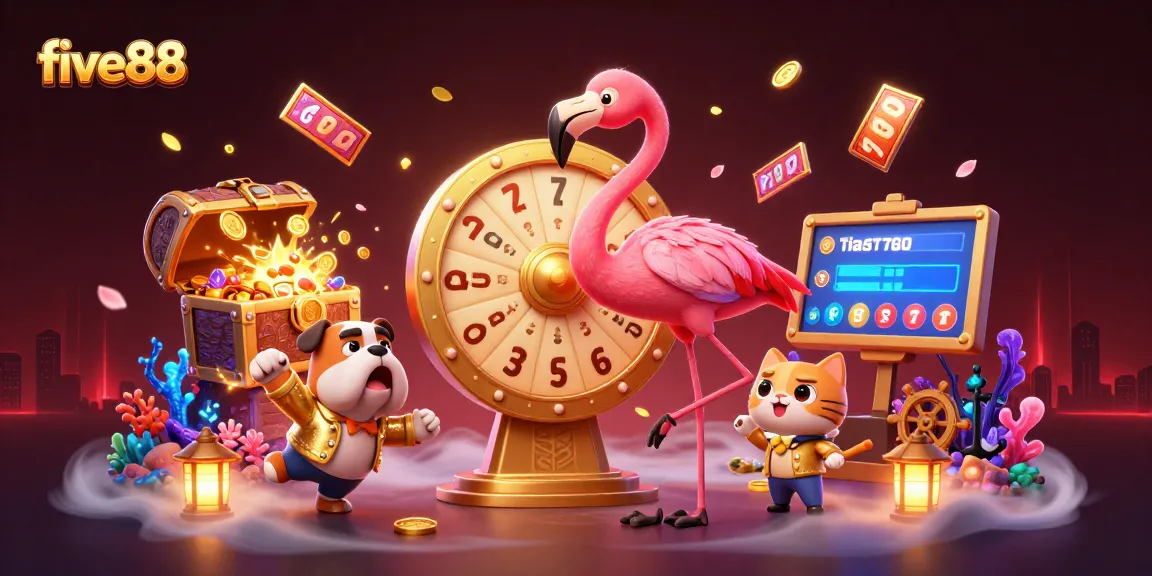 Spin the prize wheel at five88 for exciting rewards in this vibrant casino-themed illustration.