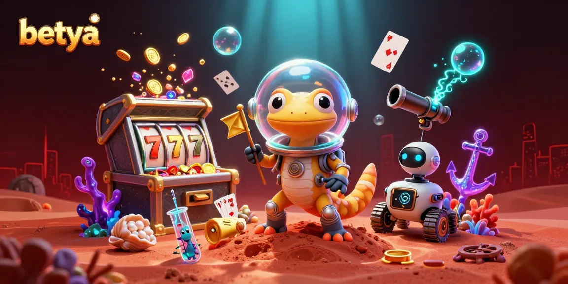 Experience thrilling wins at betya's casino with a Martian gecko discovering treasures among slot reels.