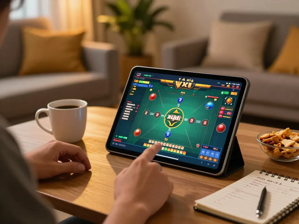 Engaging game tài xỉu on a tablet in a cozy home setup, highlighting strategic gameplay and user interaction.