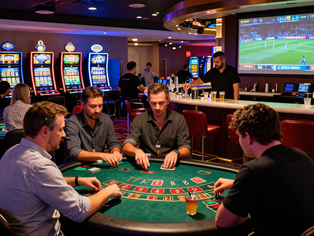 Giocatori nel vivace ambiente di un casino non AAMS con tavoli da gioco e luci neon intense.